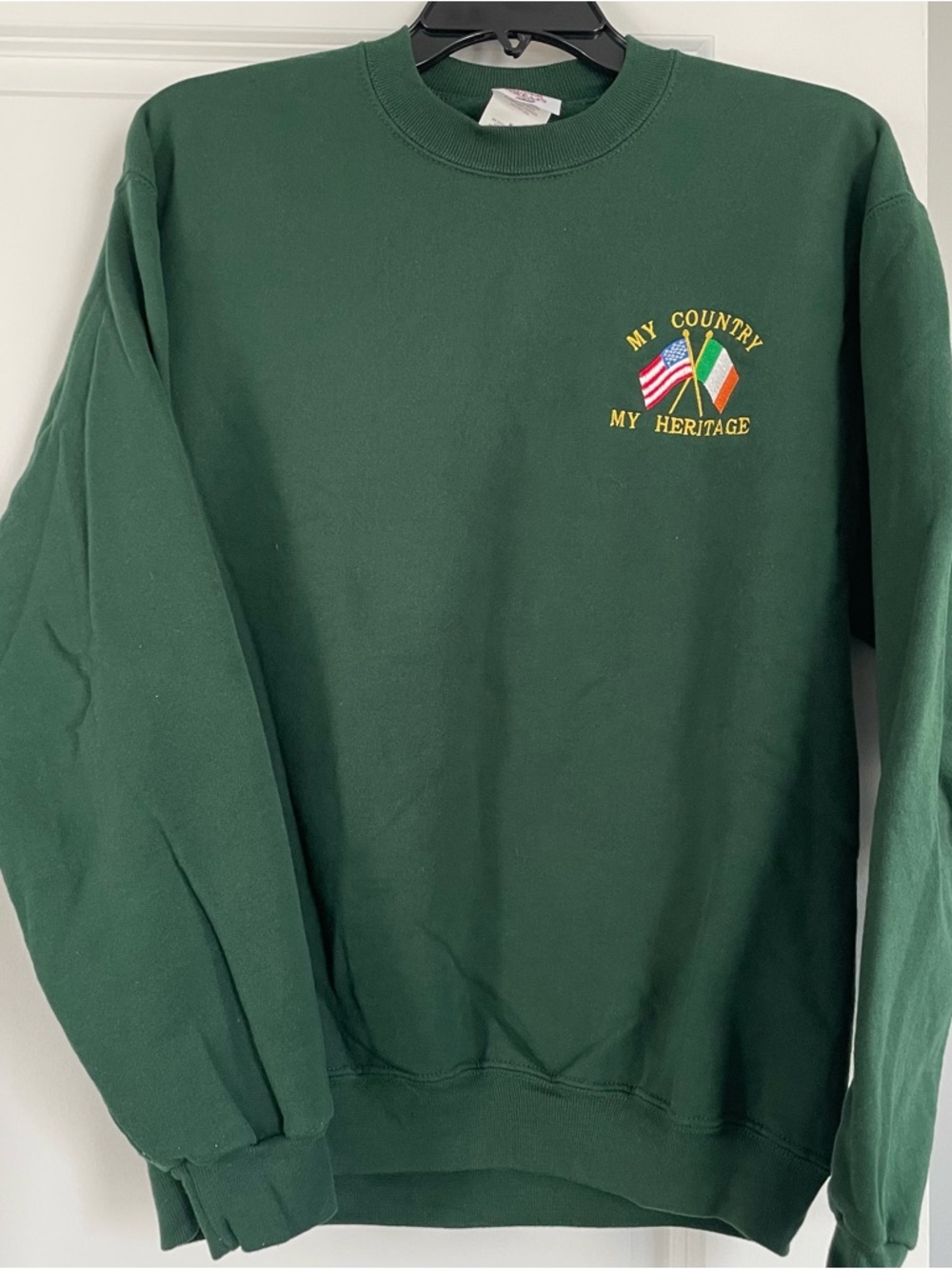 Jerzees Forest Green Crewneck Sweatshirt with Irish Flag Embroidery